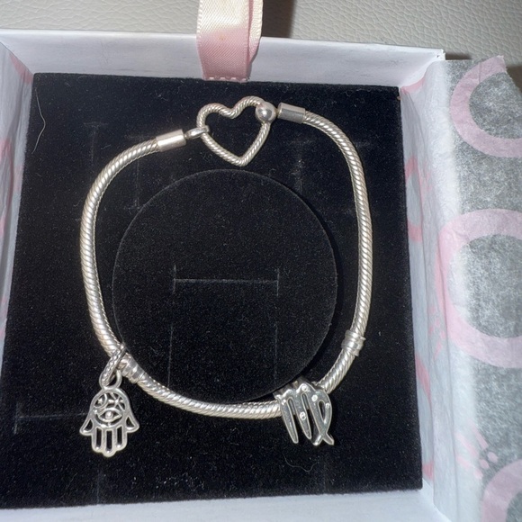 Pandora Bracelet w/ Sparkling Virgo & Hand of Hamsa Charms - Picture 1 of 5